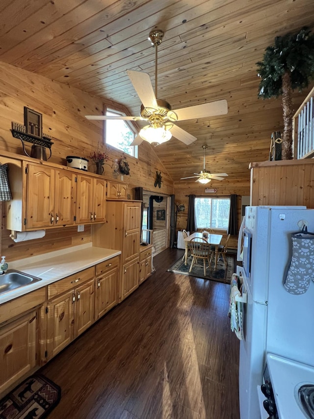 11749 Side Dr, Fine Lakes Twp, MN 55798 - kitchen with wood ceiling, a sink, wooden walls, stove, and light countertops