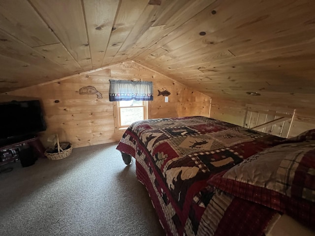 11749 Side Dr, Fine Lakes Twp, MN 55798 - bedroom featuring wooden walls, lofted ceiling, carpet floors, and wood ceiling