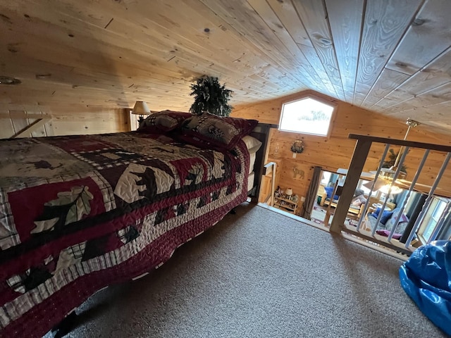 11749 Side Dr, Fine Lakes Twp, MN 55798 - carpeted bedroom featuring wooden walls, lofted ceiling, and wood ceiling