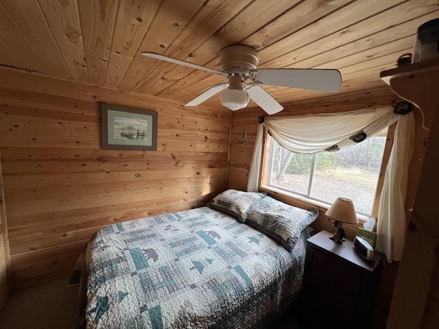 11749 Side Dr, Fine Lakes Twp, MN 55798 - bedroom featuring wood ceiling, ceiling fan, and wood walls