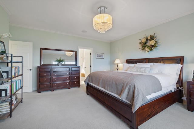 bedroom featuring light carpet, crown molding, and a chandelier