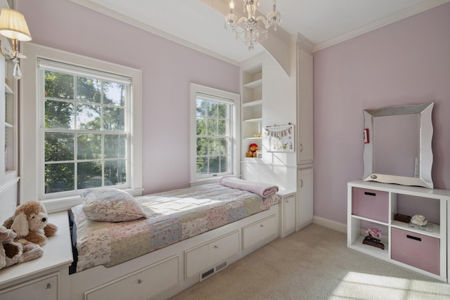 bedroom with light carpet, a chandelier, and crown molding