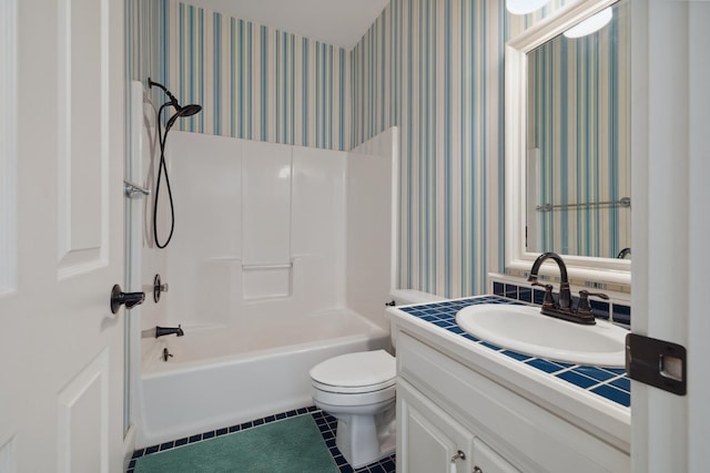 full bath featuring wallpapered walls, toilet, tile patterned floors, vanity, and shower / tub combination