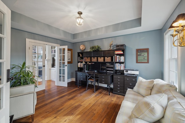 1924 Norway Pine Rd, East Gull Lake, MN 56401 - office area featuring french doors, a chandelier, wood-type flooring, and baseboards