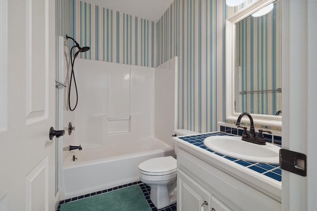 1924 Norway Pine Rd, East Gull Lake, MN 56401 - bathroom featuring wallpapered walls, vanity, tile patterned flooring, toilet, and shower / bathtub combination