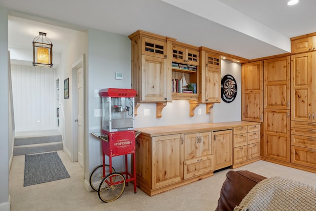 1924 Norway Pine Rd, East Gull Lake, MN 56401 - kitchen with light carpet, light countertops, recessed lighting, light brown cabinets, and open shelves
