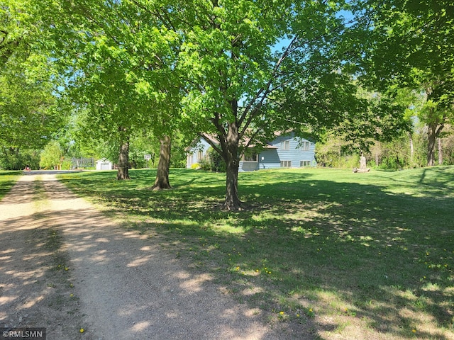 8743 Unit Ave, Stewart, MN 55385 - view of grassy yard featuring a storage unit, an outbuilding, and dirt driveway