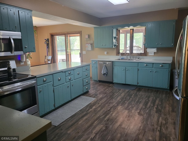 8743 Unit Ave, Stewart, MN 55385 - kitchen with stainless steel appliances, blue cabinetry, a sink, and dark wood-type flooring