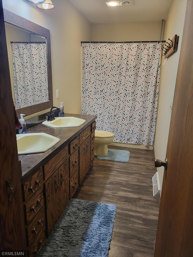 8743 Unit Ave, Stewart, MN 55385 - bathroom featuring wood finished floors, toilet, double vanity, and a shower with shower curtain