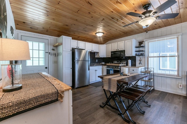 kitchen with stainless steel appliances, dark wood finished floors, open shelves, wooden ceiling, and white cabinetry