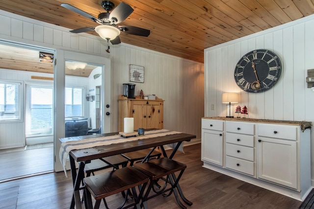 dining room with wooden ceiling, dark wood-type flooring, wooden walls, and a ceiling fan