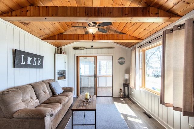 living area with wood finished floors, wood walls, wooden ceiling, and ceiling fan
