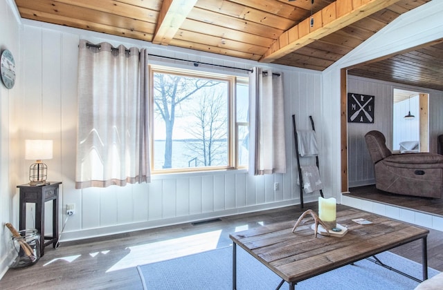 living area featuring wood ceiling, wood finished floors, baseboards, and wooden walls