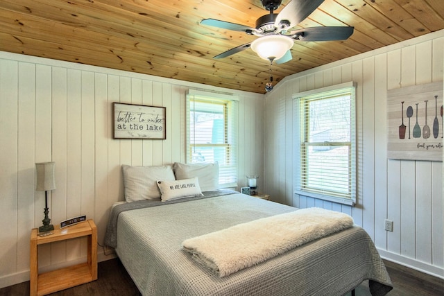 bedroom with wooden ceiling, dark wood-type flooring, multiple windows, wooden walls, and baseboards