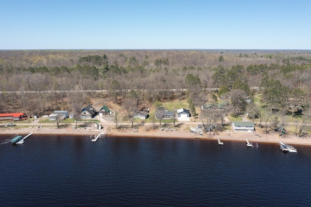 aerial view of property's location featuring a large body of water and a heavily wooded area
