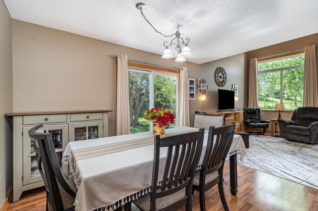 10916 181st Ln NW, Elk River, MN 55330 - dining room with a chandelier, plenty of natural light, wood finished floors, and a textured ceiling