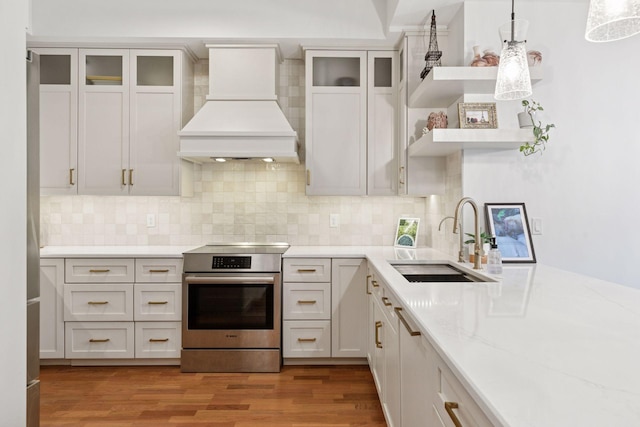 501 Main St N Unit 409, Stillwater, MN 55082 - kitchen featuring custom exhaust hood, stainless steel range with electric cooktop, a sink, and light wood-type flooring