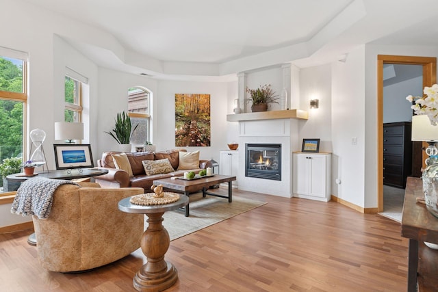 501 Main St N Unit 409, Stillwater, MN 55082 - living room featuring wood finished floors, a fireplace, baseboards, and a tray ceiling