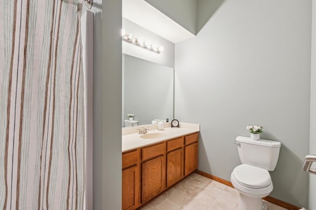 24107 Rivers Edge Rd, Rogers, MN 55374 - bathroom with toilet, vanity, baseboards, tile patterned flooring, and curtained shower