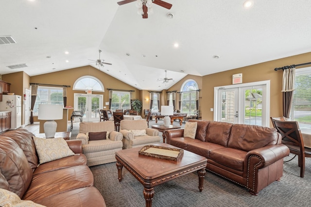 24107 Rivers Edge Rd, Rogers, MN 55374 - living room with ceiling fan, lofted ceiling, french doors, plenty of natural light, and recessed lighting