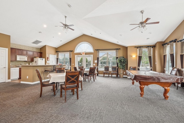 24107 Rivers Edge Rd, Rogers, MN 55374 - dining room with ceiling fan, carpet, billiards, and high vaulted ceiling
