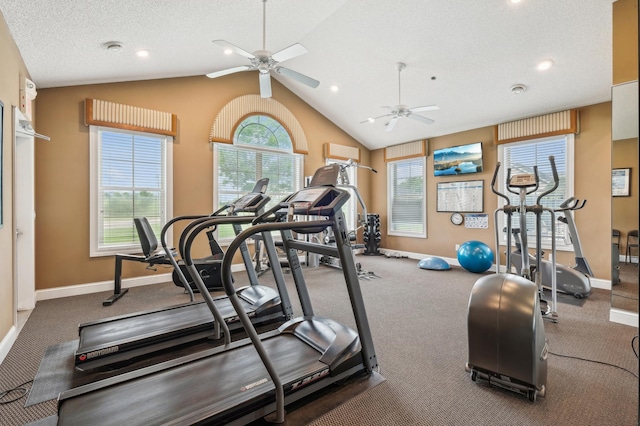 24107 Rivers Edge Rd, Rogers, MN 55374 - workout area featuring ceiling fan, vaulted ceiling, baseboards, carpet flooring, and recessed lighting