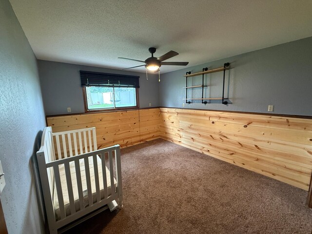 504 Fallwood Rd, Redwood Falls, MN 56283 - carpeted empty room featuring wooden walls, ceiling fan, a wainscoted wall, and a textured ceiling
