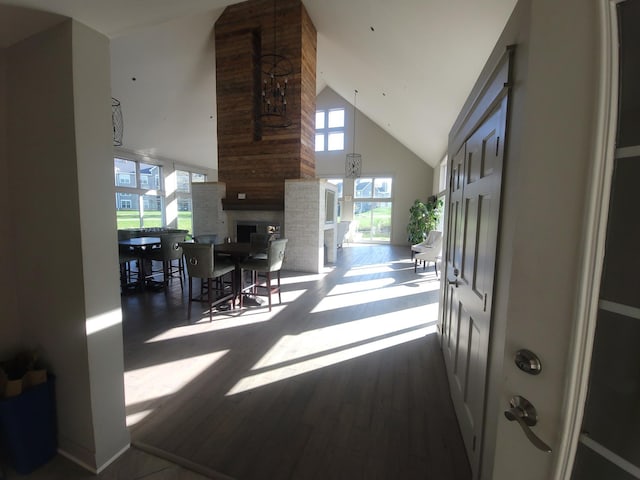 hall featuring high vaulted ceiling and dark wood-style flooring