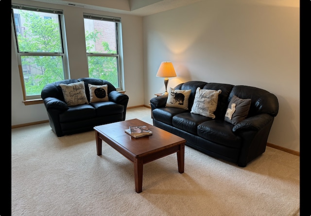 living room with light colored carpet and baseboards