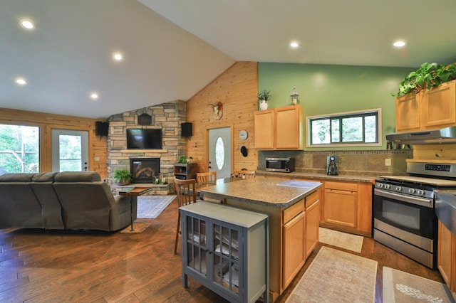 21097 Gilmer Rd, Crosby, MN 56441 - kitchen with stainless steel appliances, under cabinet range hood, high vaulted ceiling, open floor plan, and dark wood-style floors