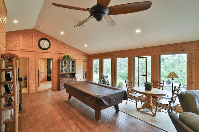 21097 Gilmer Rd, Crosby, MN 56441 - recreation room with wooden walls, plenty of natural light, billiards table, high vaulted ceiling, and ceiling fan