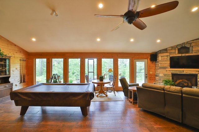 21097 Gilmer Rd, Crosby, MN 56441 - rec room with lofted ceiling, billiards, wood walls, hardwood / wood-style floors, and a ceiling fan
