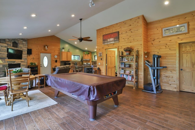 21097 Gilmer Rd, Crosby, MN 56441 - game room with wood walls, a ceiling fan, pool table, a fireplace, and wood finished floors