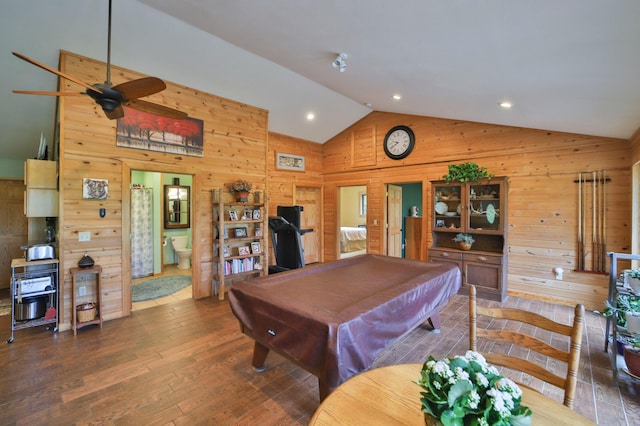 21097 Gilmer Rd, Crosby, MN 56441 - playroom with wood walls, high vaulted ceiling, wood finished floors, billiards, and a ceiling fan