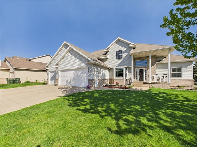 view of front facade with brick siding, a porch, concrete driveway, an attached garage, and a front lawn