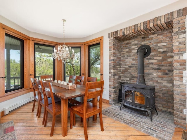 41218 Nelson Rd, North Branch, MN 55056 - dining room with a chandelier, a wood stove, baseboard heating, and light wood-type flooring