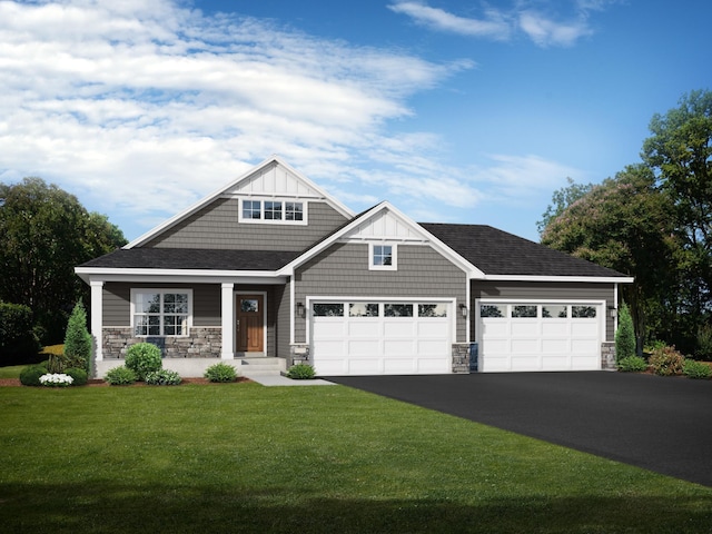 24051 187th St NW, Big Lake, MN 55309 - craftsman-style house with stone siding, asphalt driveway, a front yard, a porch, and a garage