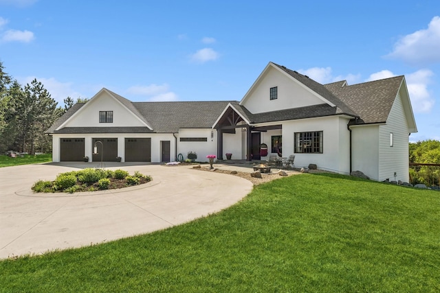 2169 Ibson Ave SE, Rockford Twp, MN 55313 - modern farmhouse style home with a front lawn, a garage, roof with shingles, driveway, and stucco siding