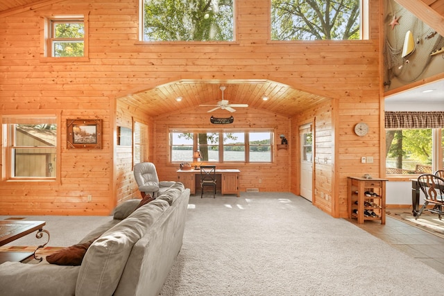 21140 654th Ave, Litchfield, MN 55355 - living room featuring wood walls, high vaulted ceiling, ceiling fan, and carpet