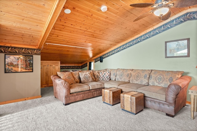 21140 654th Ave, Litchfield, MN 55355 - living room with wooden ceiling, carpet floors, lofted ceiling, and ceiling fan