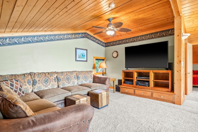 21140 654th Ave, Litchfield, MN 55355 - living area featuring wooden ceiling, carpet, a ceiling fan, and lofted ceiling