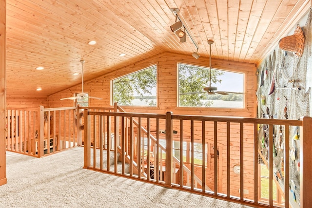 21140 654th Ave, Litchfield, MN 55355 - additional living space with wood ceiling, ceiling fan, vaulted ceiling, wooden walls, and carpet floors