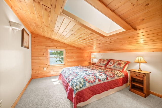 21140 654th Ave, Litchfield, MN 55355 - carpeted bedroom with wooden ceiling, vaulted ceiling, wood walls, and a skylight