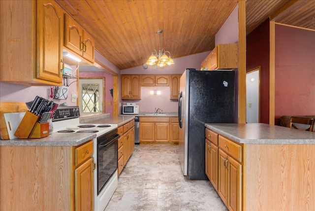 1361 60th St Unit D, Apple River Twp, WI 54889 - kitchen with white appliances, a chandelier, wood ceiling, lofted ceiling, and decorative light fixtures