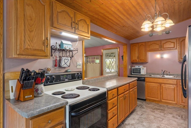 1361 60th St Unit D, Apple River Twp, WI 54889 - kitchen with stainless steel appliances, a sink, a chandelier, vaulted ceiling, and wood ceiling