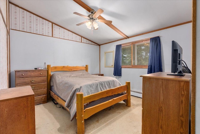 1361 60th St Unit D, Apple River Twp, WI 54889 - bedroom featuring lofted ceiling, light carpet, ornamental molding, a baseboard heating unit, and ceiling fan