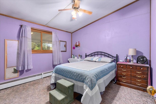 1361 60th St Unit D, Apple River Twp, WI 54889 - bedroom with lofted ceiling, carpet, baseboard heating, crown molding, and a ceiling fan