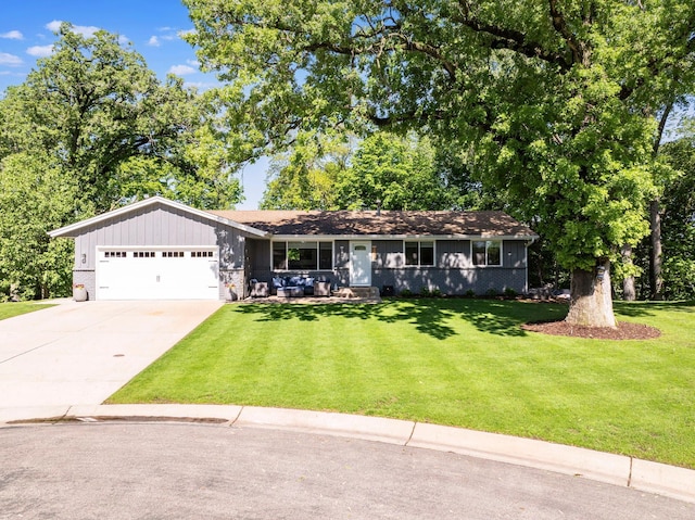 3776 Marsh St NW, Prior Lake, MN 55372 - ranch-style house featuring an attached garage, a front yard, concrete driveway, and board and batten siding