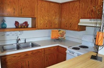7673 River Rd, Fridley, MN 55432 - kitchen with electric range, under cabinet range hood, a sink, light countertops, and brown cabinetry