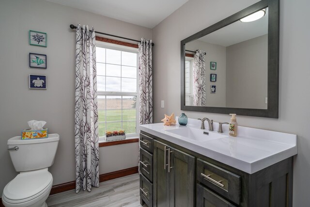 37854 210th Ave SE, Knute Twp, MN 56535 - bathroom featuring baseboards, toilet, wood finished floors, and vanity